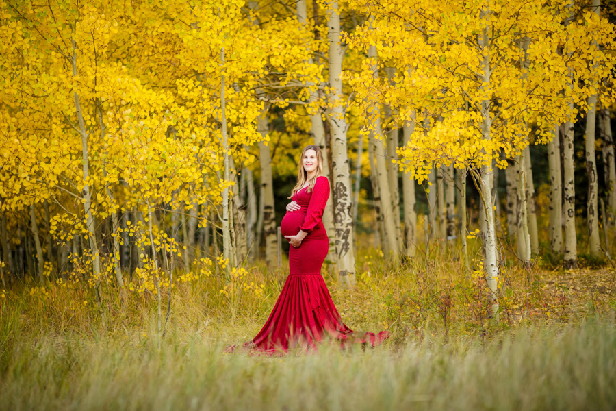 A woman in a fitting red maternity dress posing in an aspen grove in the fall