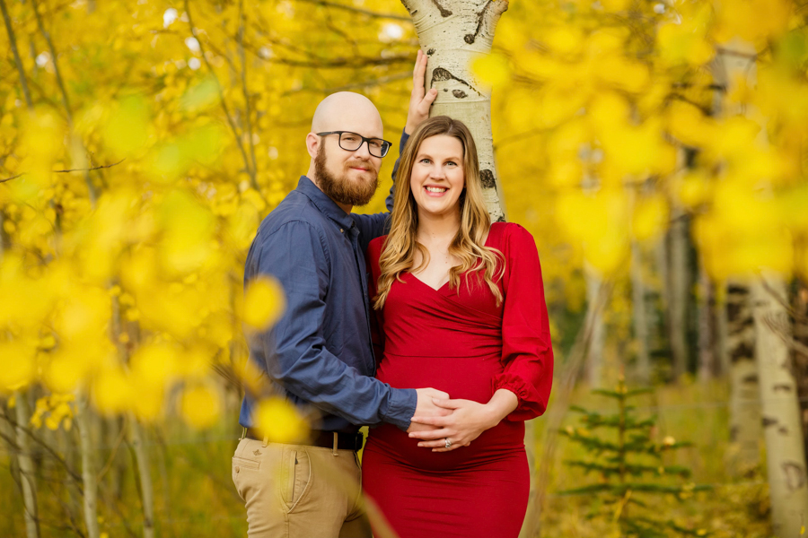 A couple placing their hands on the belly while posing in an apen grove in the fall